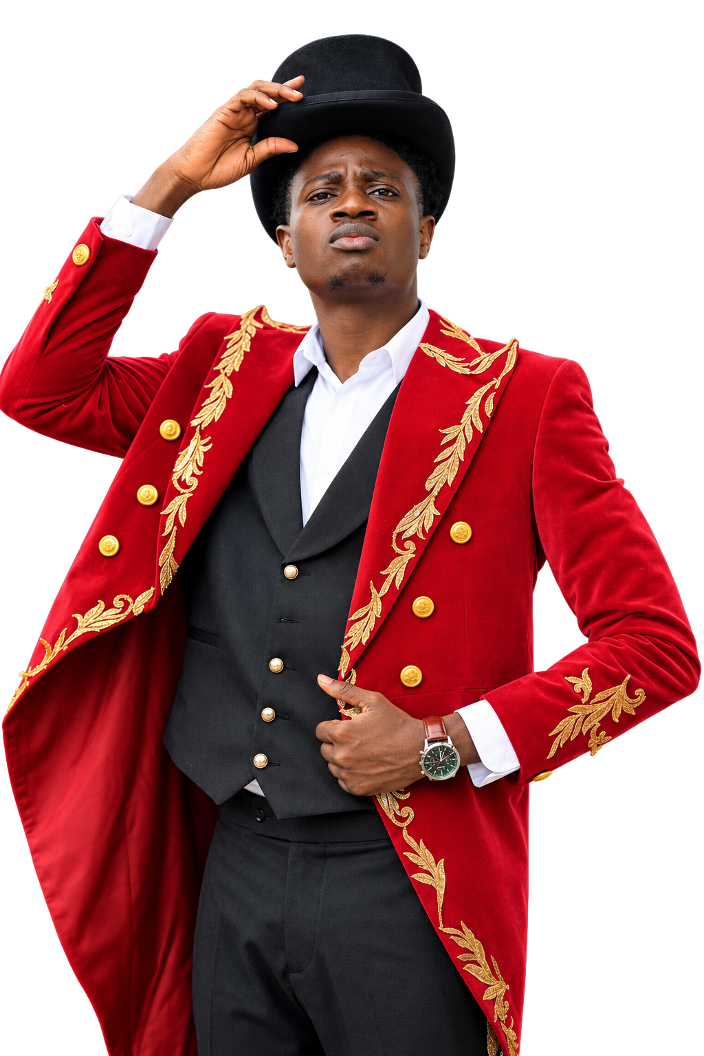 Remote in a red regency coat and top hat